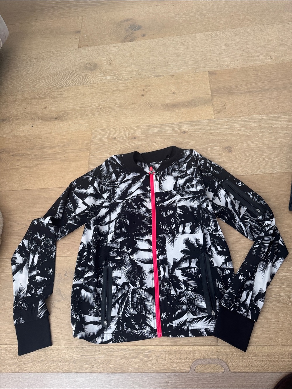 Black & White Palm-Print Bomber Jacket with Pink Zip